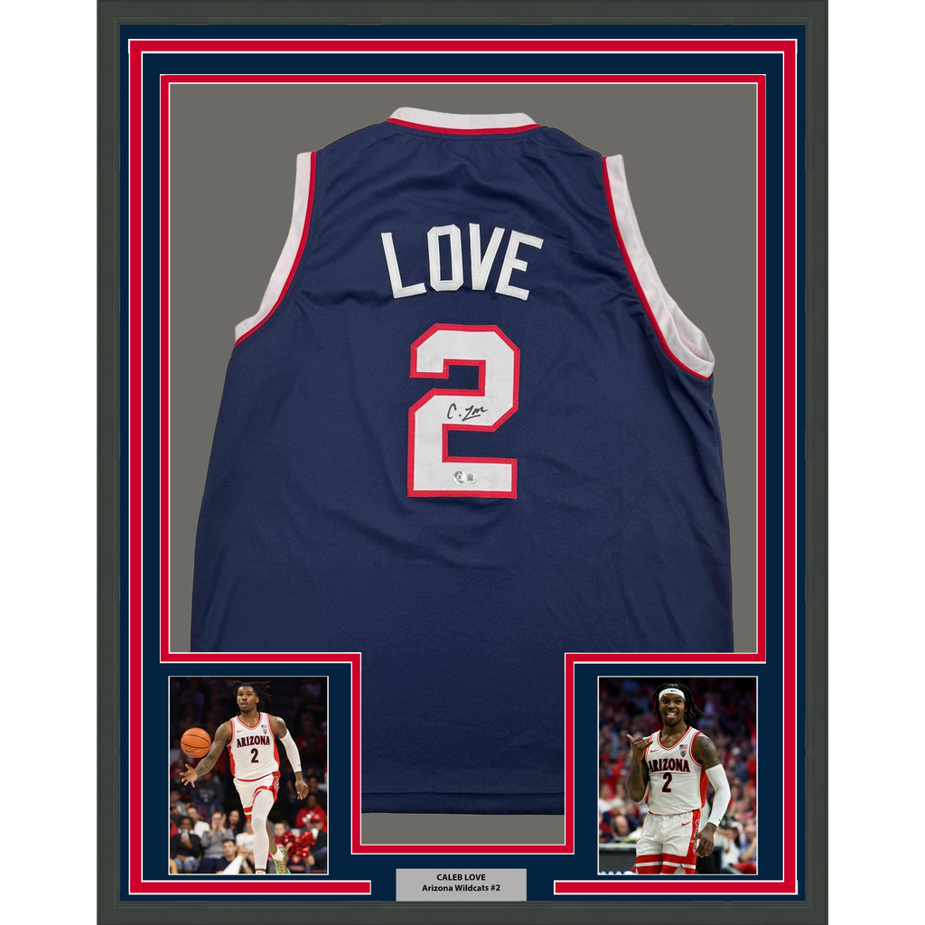 Framed Autographed/Signed Caleb Love 35x39 Arizona Blue College Basketball Jersey Beckett BAS COA
