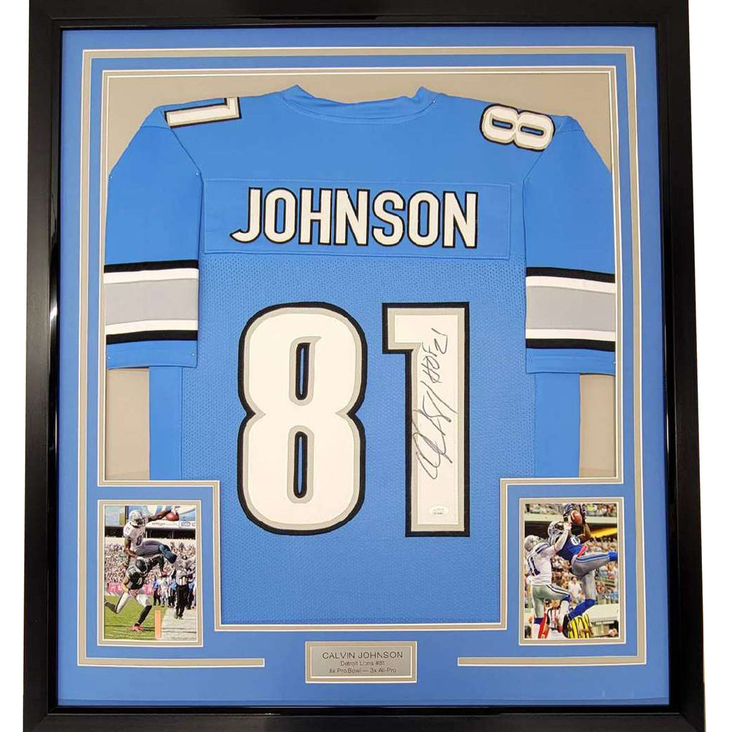 Framed Autographed/Signed Calvin Johnson 35x39 HOF 21 Detroit Blue Football Jersey JSA COA
