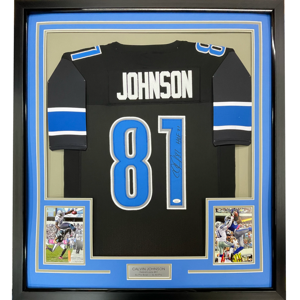 Framed Autographed/Signed Calvin Johnson 35x39 HOF 21 Detroit Black Football Jersey JSA COA