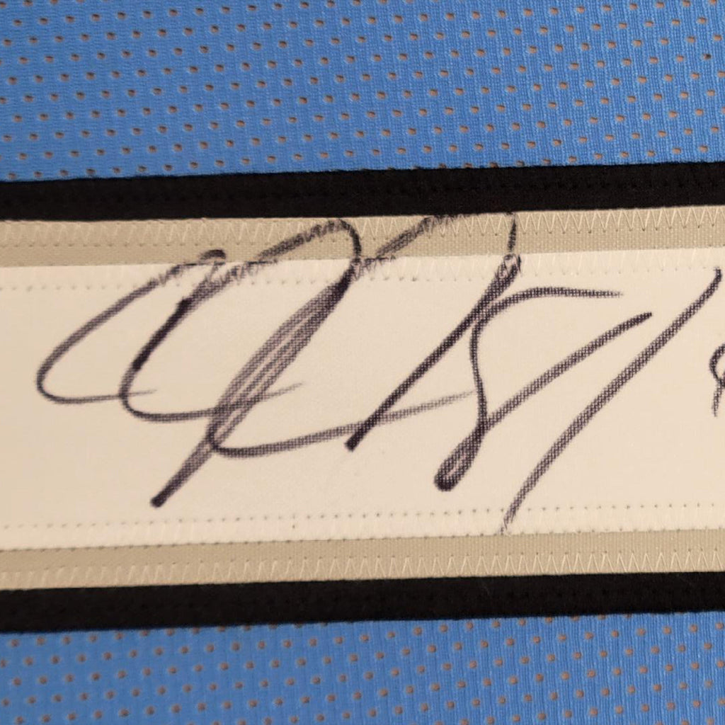 Framed Autographed/Signed Calvin Johnson 35x39 HOF 21 Detroit Blue Football Jersey JSA COA