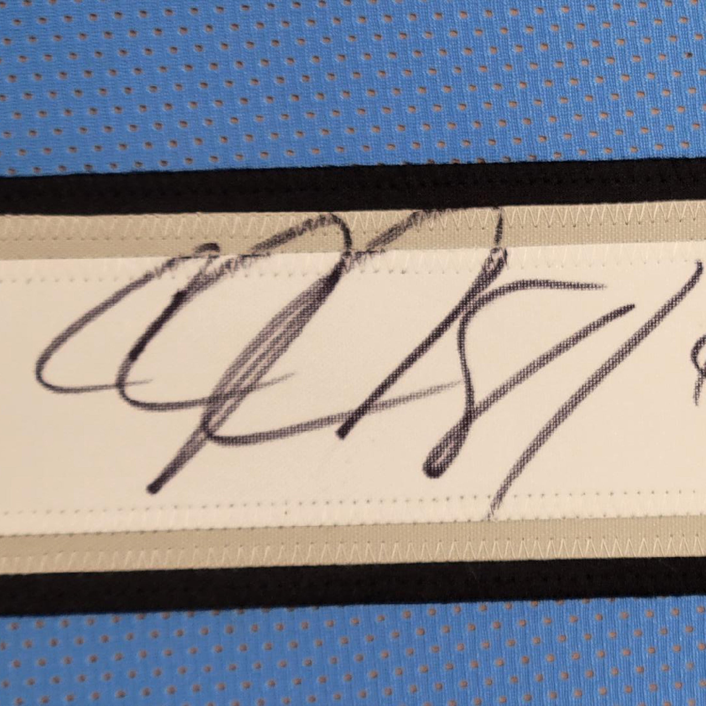 Framed Autographed/Signed Calvin Johnson 35x39 HOF 21 Detroit Blue Football Jersey JSA COA