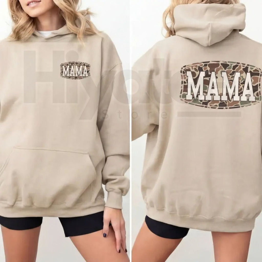 Camo Mama 2-Sided Hoodie – Trendy Camouflage Graphic Pullover, Cool Streetwear Mother’s Day Gift for Moms