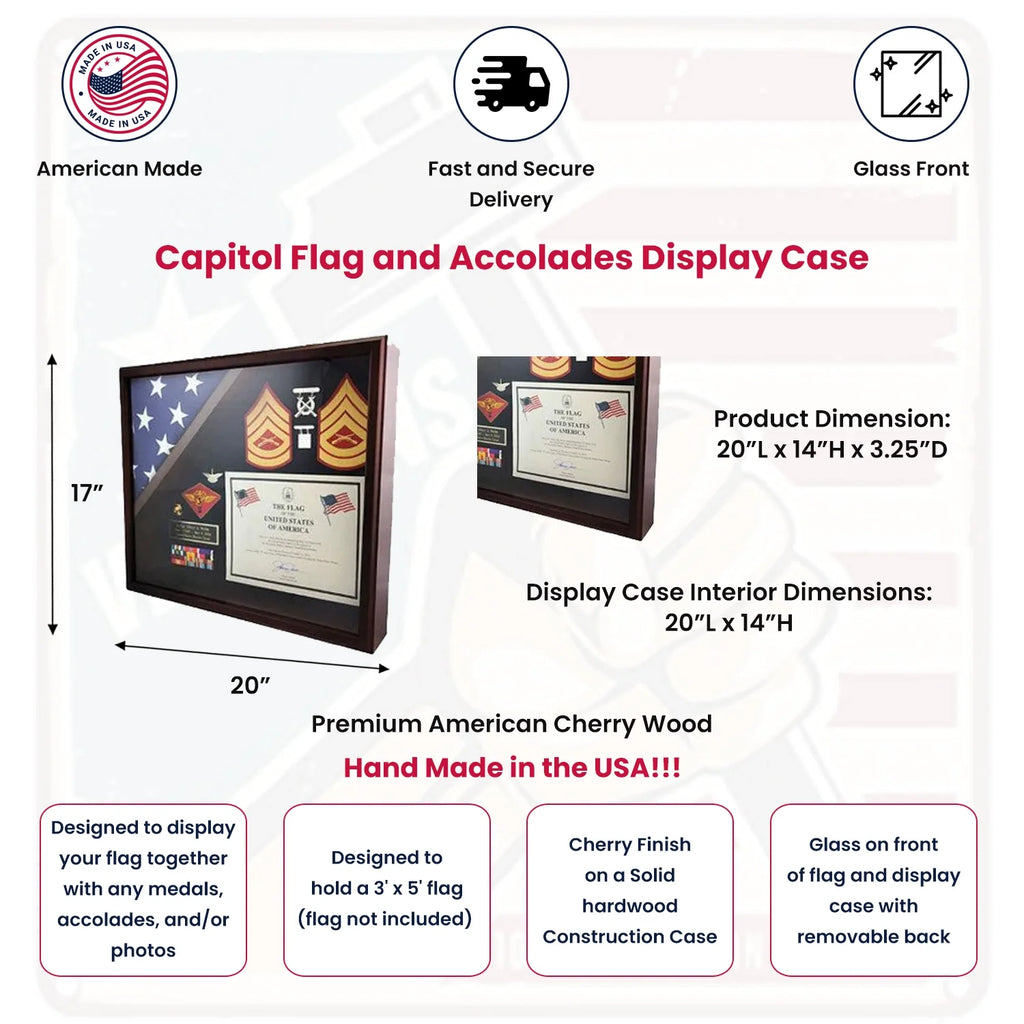 Shadow box for 5' x 9.5' flag with 8.5 x 11 Document holder, Cherry Finish