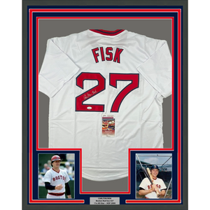 Framed Autographed/Signed Carlton Fisk 35x39 Boston White Baseball Jersey JSA COA