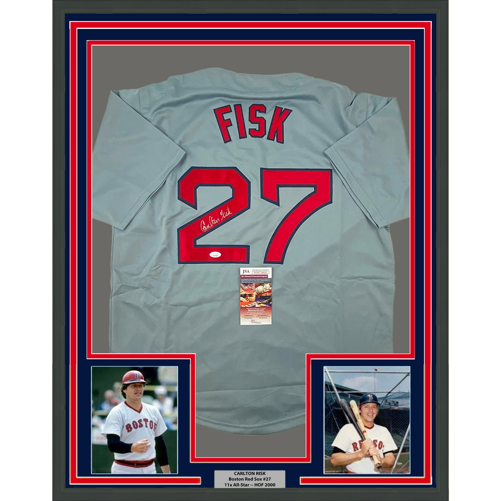 Framed Autographed/Signed Carlton Fisk 35x39 Boston Grey Baseball Jersey JSA COA
