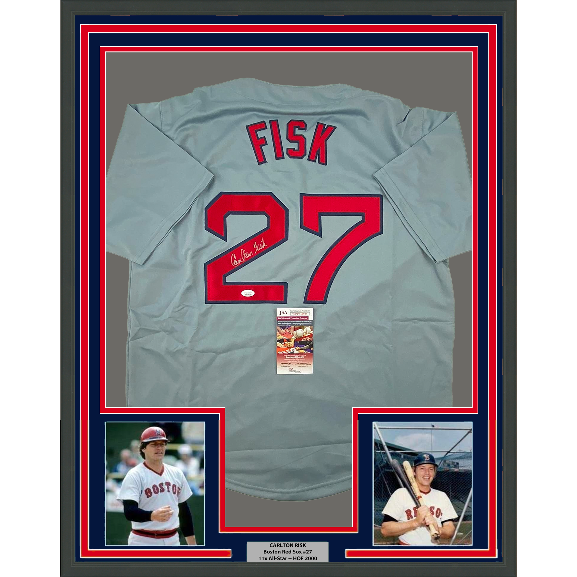 Framed Autographed/Signed Carlton Fisk 35x39 Boston Grey Baseball Jersey JSA COA