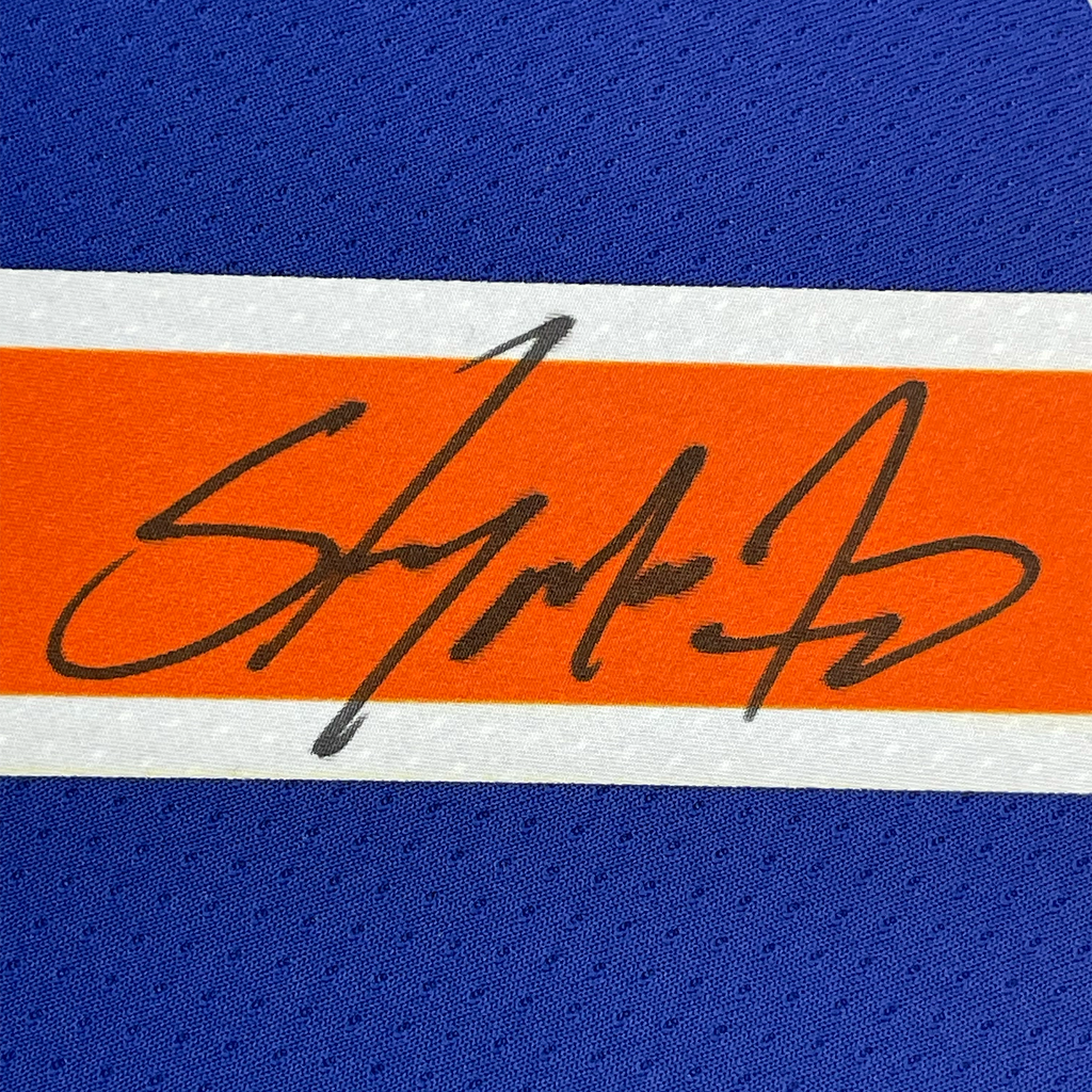 Framed Autographed/Signed Carmelo Anthony 35x39 New York Knicks Blue Authentic Swingman Basketball Jersey Fanatics COA