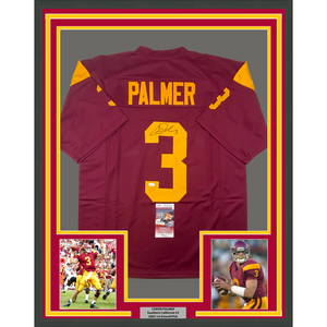 Framed Autographed/Signed Carson Palmer 35x39 USC Southen Cal Maroon College Football Jersey JSA COA