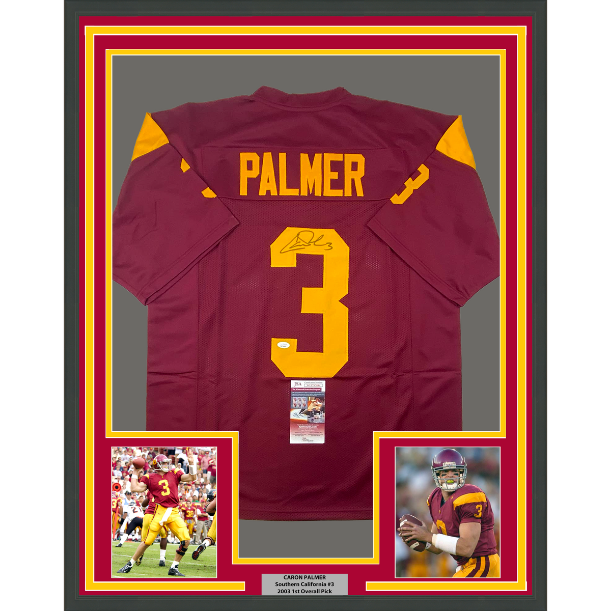 Framed Autographed/Signed Carson Palmer 35x39 USC Southen Cal Maroon College Football Jersey JSA COA