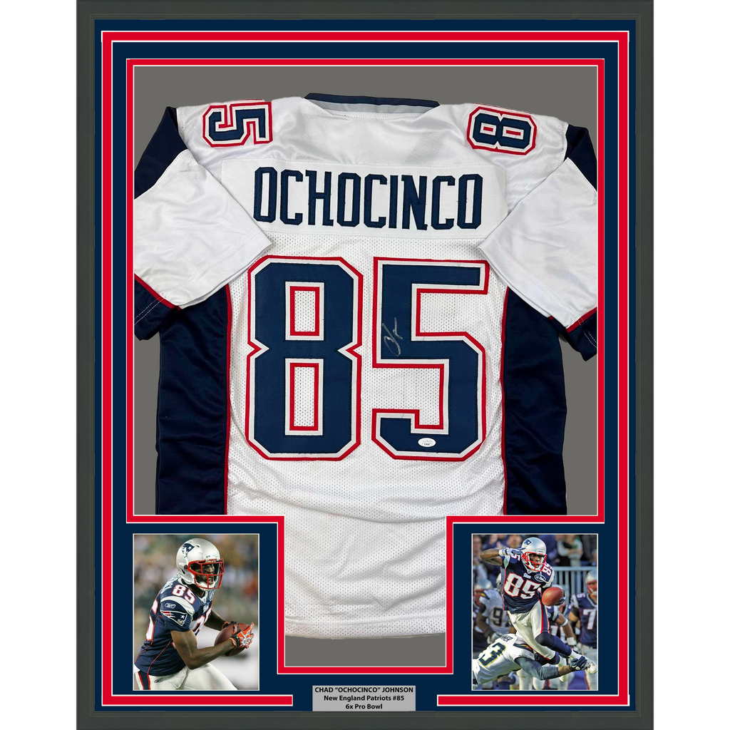 Framed Autographed/Signed Chad Ochocinco (Johnson) 35x39 New England White Football Jersey JSA COA