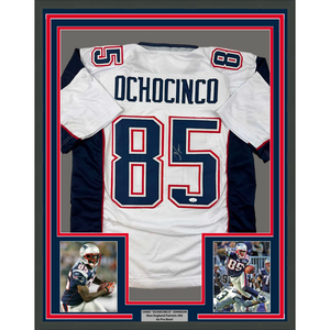 Framed Autographed/Signed Chad Ochocinco (Johnson) 35x39 New England White Football Jersey JSA COA