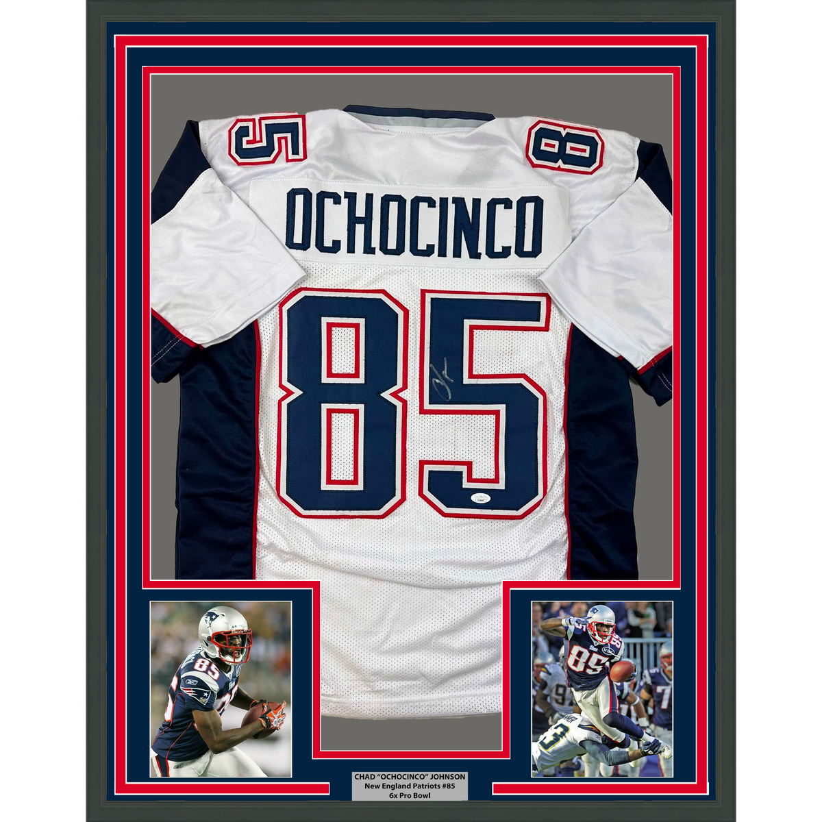 Framed Autographed/Signed Chad Ochocinco (Johnson) 35x39 New England White Football Jersey JSA COA