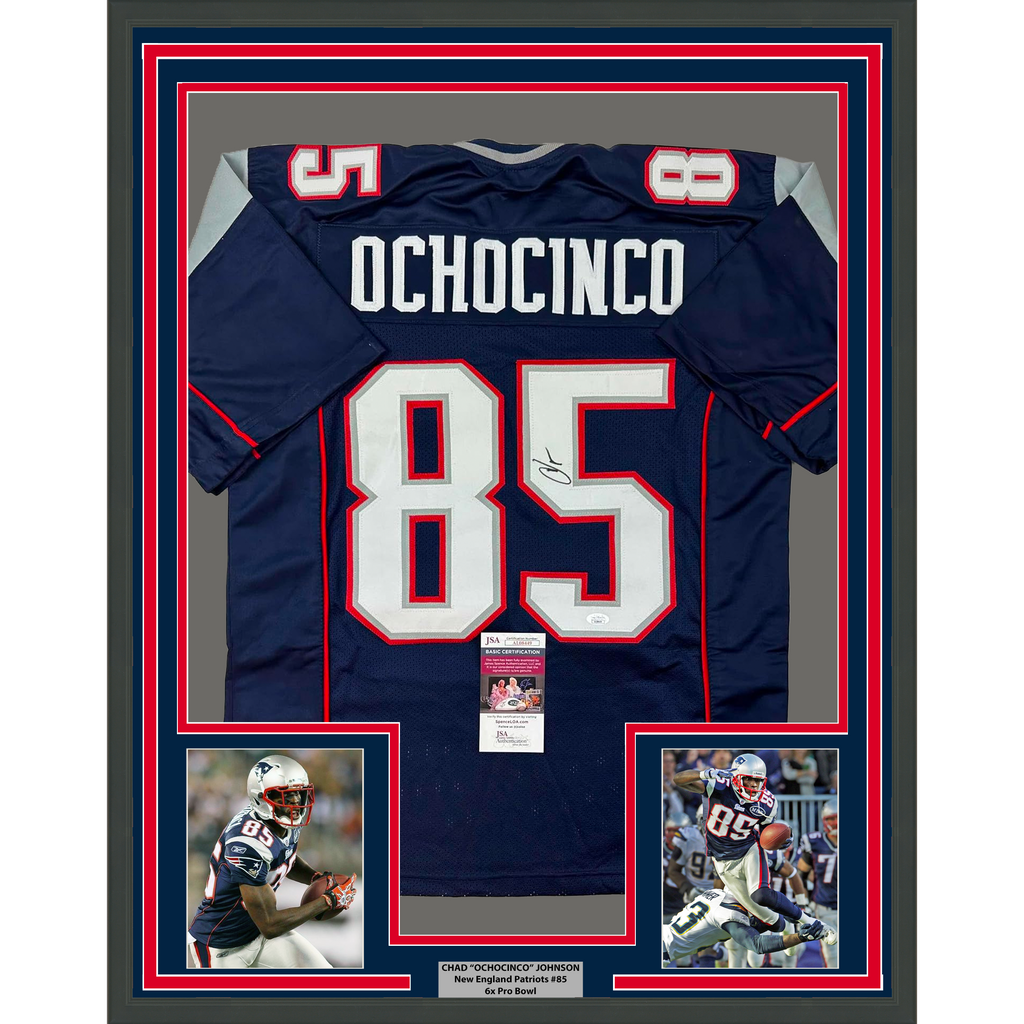 Framed Autographed/Signed Chad Ochocinco (Johnson) 35x39 New England Blue Football Jersey JSA COA