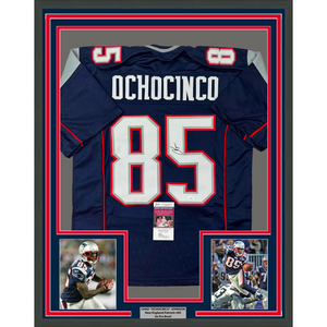Framed Autographed/Signed Chad Ochocinco (Johnson) 35x39 New England Blue Football Jersey JSA COA