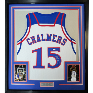 Framed Autographed/Signed Mario Chalmers 35x39 Kansas White College Basketball Jersey JSA COA