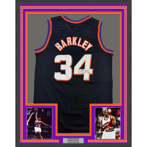 Framed Autographed/Signed Charles Barkley 35x39 Phoenix Black Basketball Jersey JSA COA