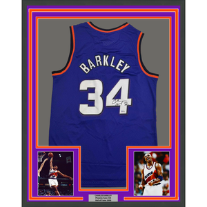Framed Autographed/Signed Charles Barkley 35x39 Phoenix Purple Basketball Jersey Beckett BAS COA