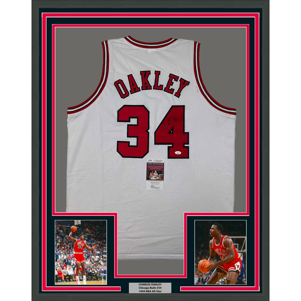 Framed Autographed/Signed Charles Oakley 35x39 Chicago White Basketball Jersey JSA COA