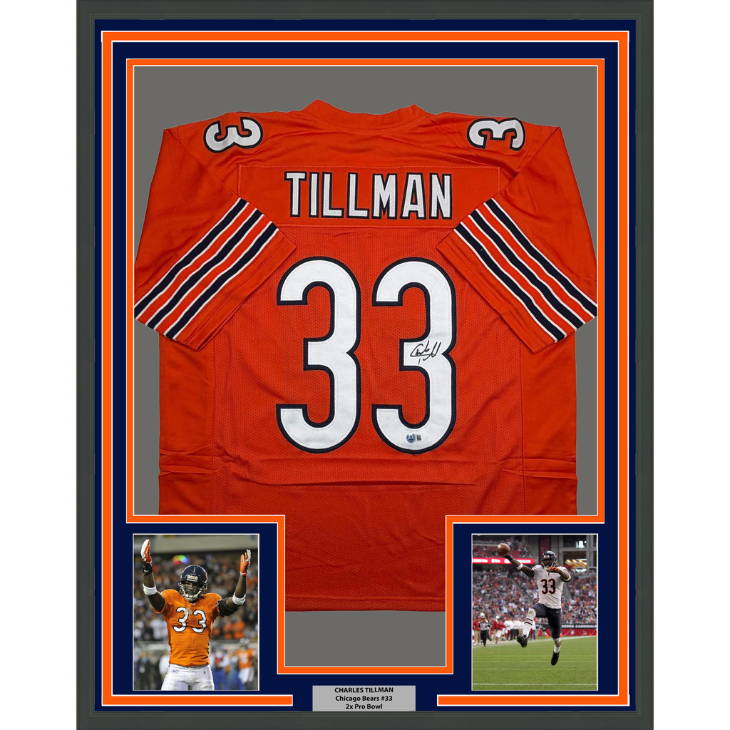 Framed Autographed/Signed Charles Tillman 35x39 Peanut Chicago Orange Football Jersey Beckett BAS COA