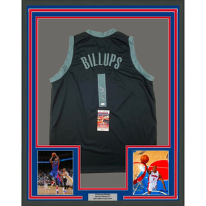 Framed Autographed/Signed Chauncey Billups 35x39 Detroit Black Basketball Jersey JSA COA