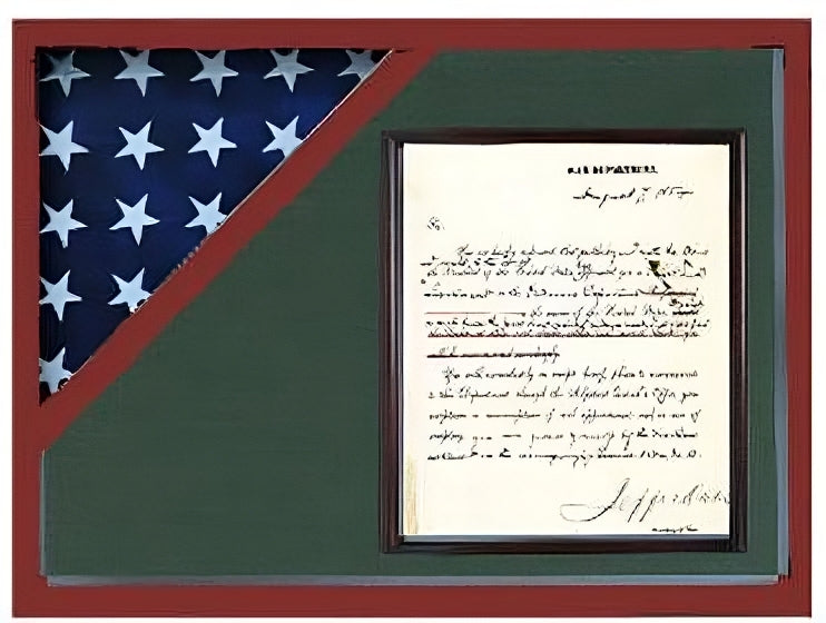 Shadow box for 5' x 9.5' flag with 8.5 x 11 Document holder, Cherry Finish