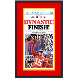 Framed Kansas City Star Chiefs Dynastic Finish Super Bowl LVIII 58 Champions 14x24 Football Newspaper Cover Photo Professionally Matted