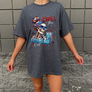 "Chill The Fourth Out" Skeleton T-Shirt – Funny 4th of July Patriotic Graphic Tee, Unisex Cotton Shirt