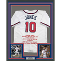 Framed Autographed/Signed Chipper Jones 35x39 Atlanta White Stat Baseball Jersey JSA COA