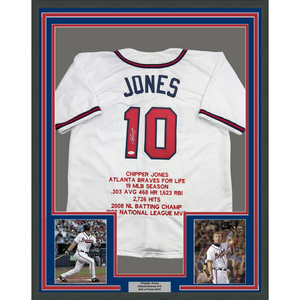 Framed Autographed/Signed Chipper Jones 35x39 Atlanta White Stat Baseball Jersey JSA COA