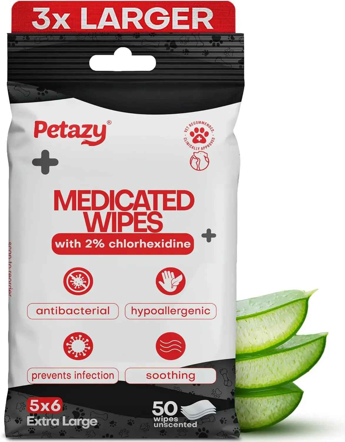 Chlorhexidine Medicated Pet Wipes for Dogs & Cats, XL 50ct