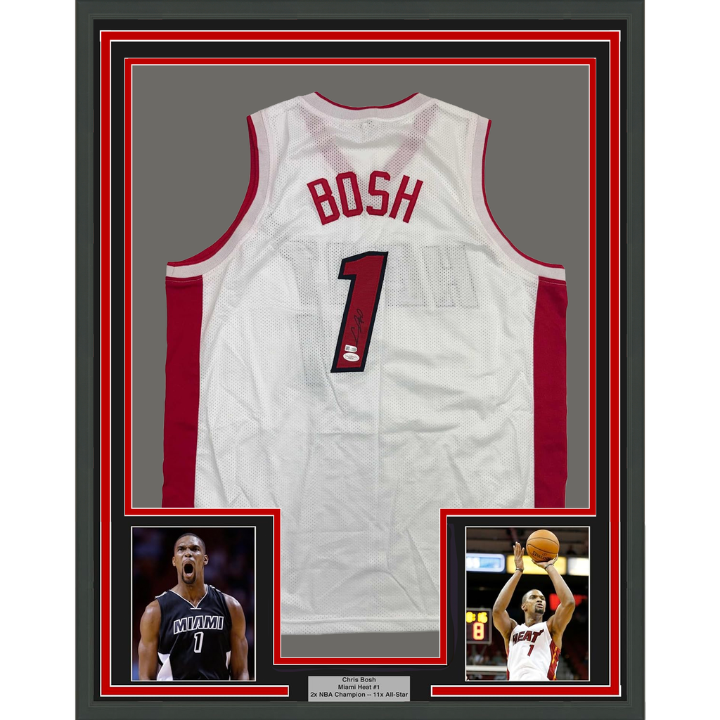 Framed Autographed/Signed Chris Bosh 35x39 Miami White Basketball Jersey JSA COA
