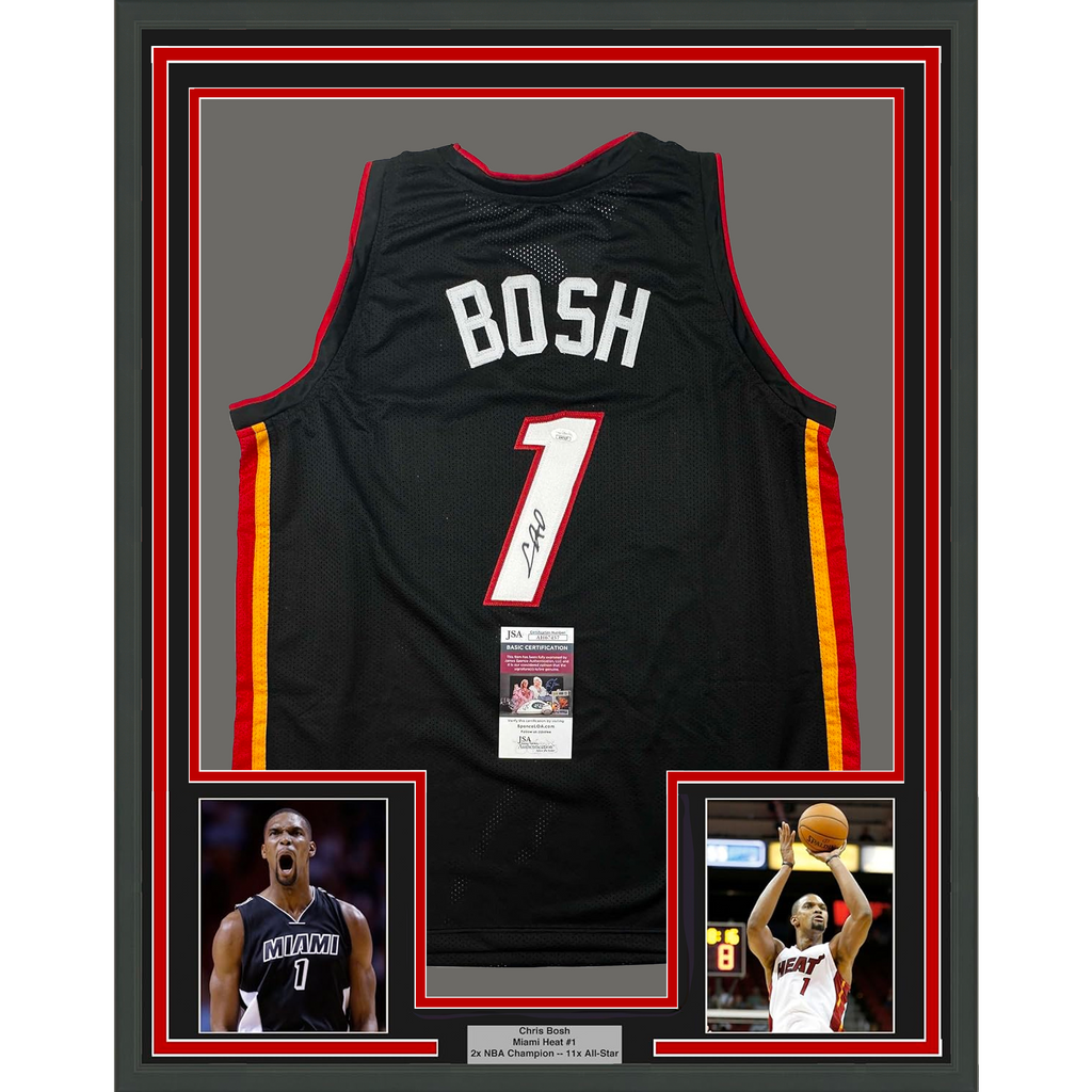Framed Autographed/Signed Chris Bosh 35x39 Miami Black Basketball Jersey JSA COA