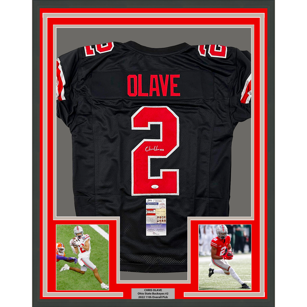 Framed Autographed/Signed Chris Olave 35x39 Ohio State Black College Football Jersey JSA COA