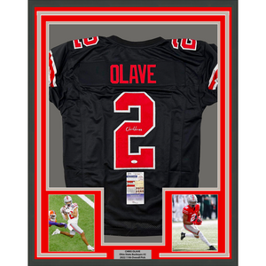 Framed Autographed/Signed Chris Olave 35x39 Ohio State Black College Football Jersey JSA COA