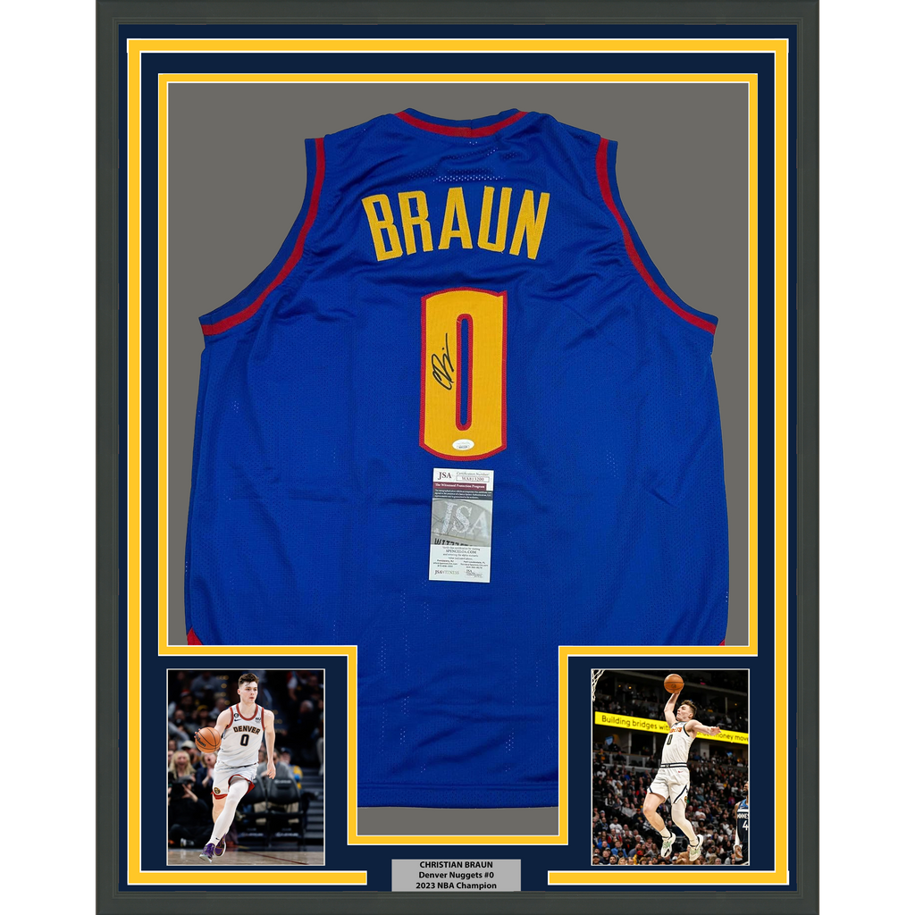 Framed Autographed/Signed Christian Braun 35x39 Denver Royal Blue Basketball Jersey JSA COA