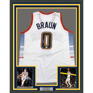 Framed Autographed/Signed Christian Braun 35x39 Denver White Basketball Jersey JSA COA