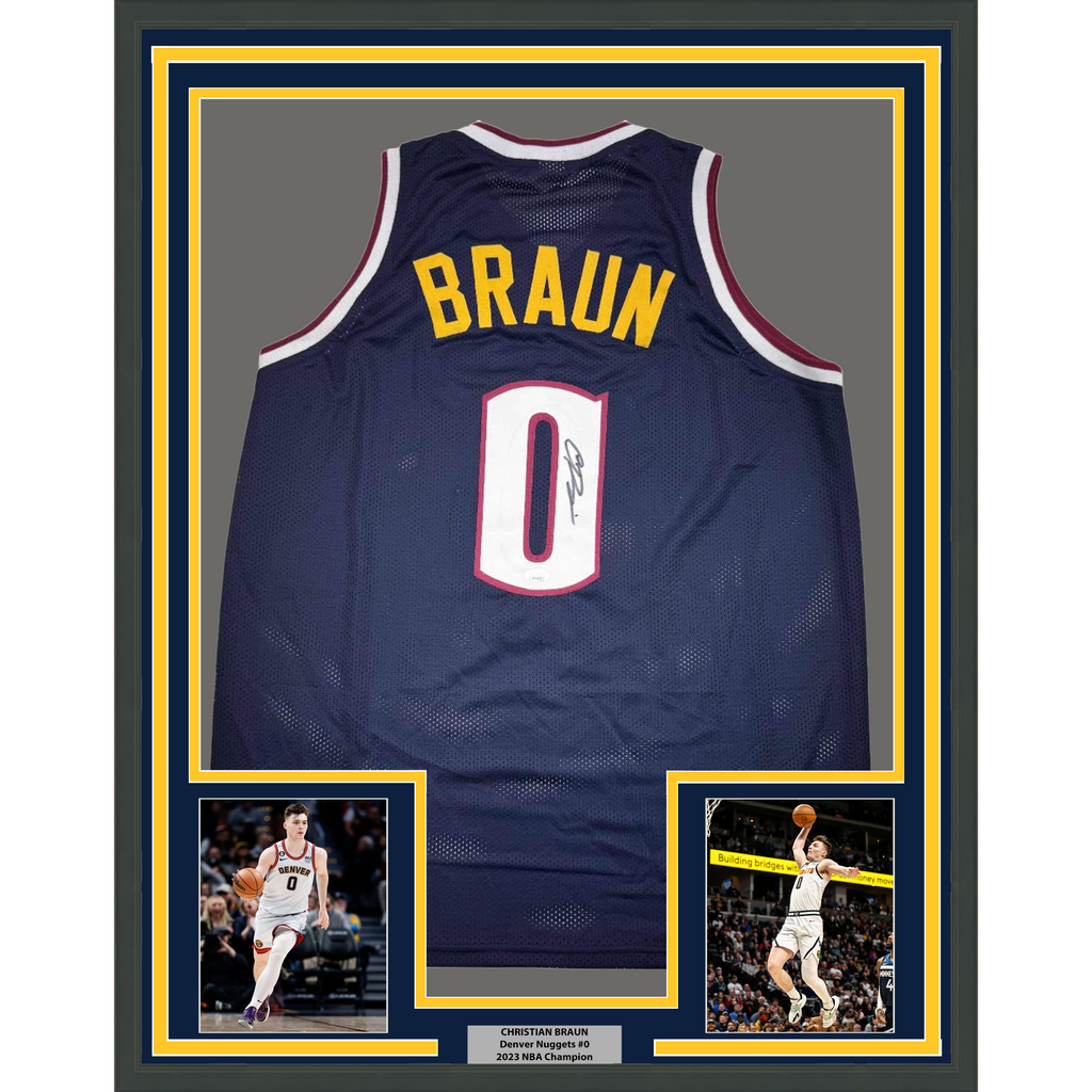 Framed Autographed/Signed Christian Braun 35x39 Denver Blue Basketball Jersey JSA COA