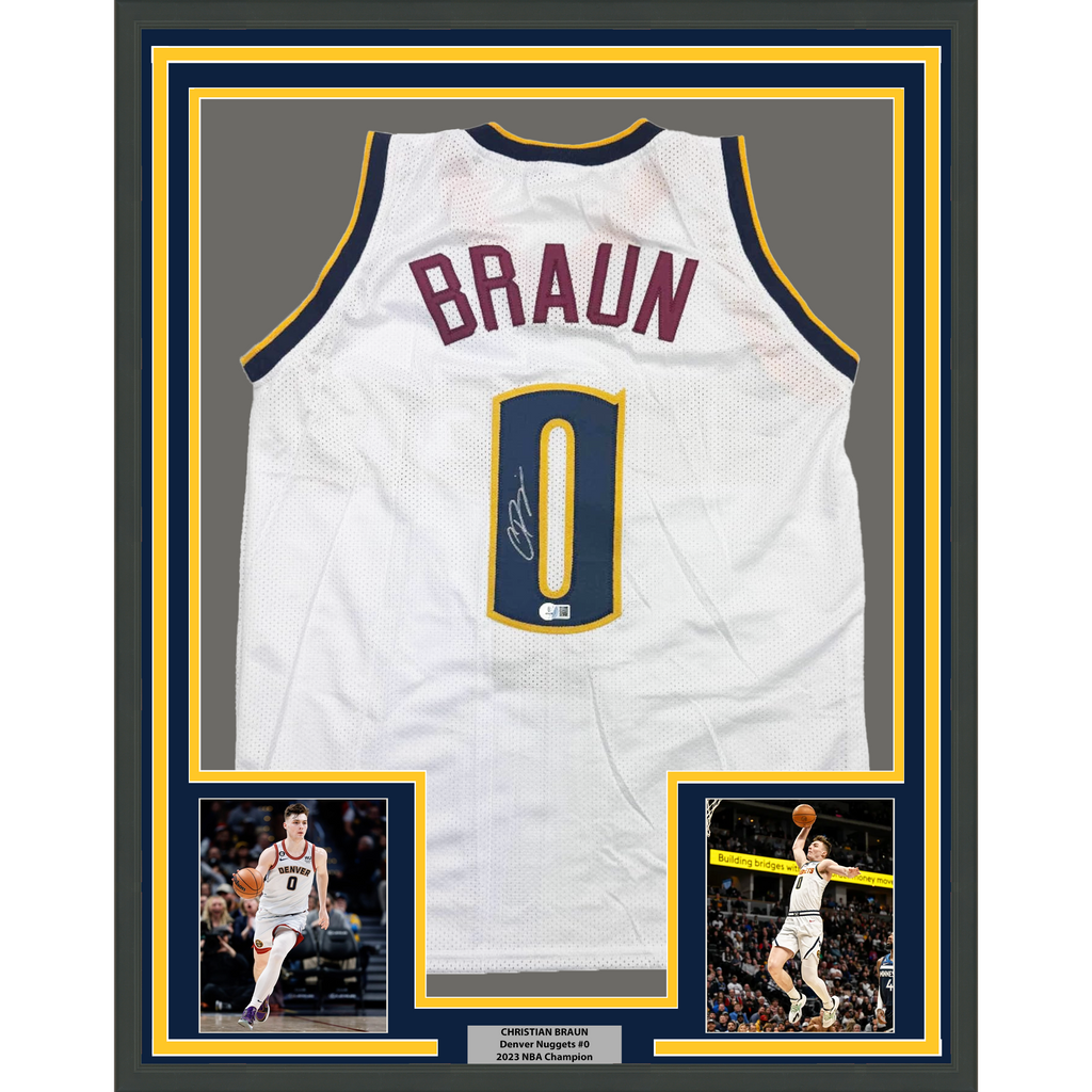 Framed Autographed/Signed Christian Braun 35x39 Denver White Basketball Jersey Beckett BAS COA