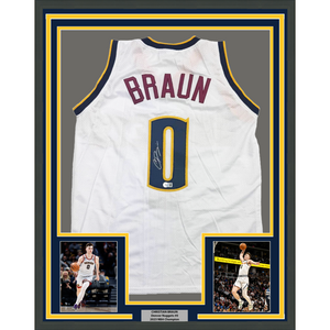 Framed Autographed/Signed Christian Braun 35x39 Denver White Basketball Jersey Beckett BAS COA