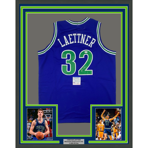 Framed Autographed/Signed Christian Laettner 35x39 Minnesota Blue Basketball Jersey PSA/DNA COA
