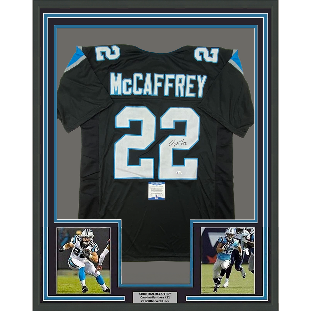 Framed Autographed/Signed Christian McCaffrey 35x39 Carolina Black Football Jersey Beckett BAS COA