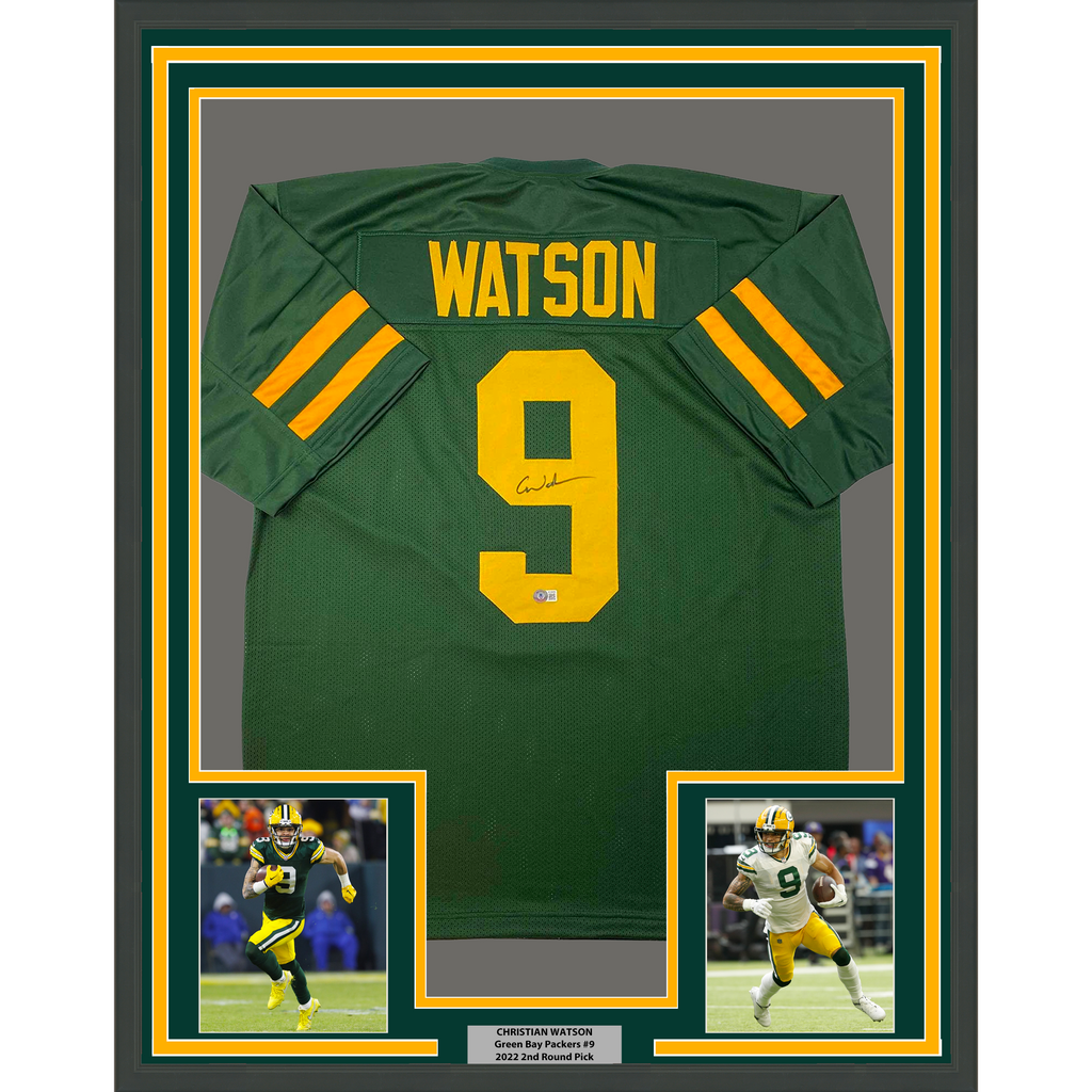 Framed Autographed/Signed Christian Watson 35x39 Green Bay Color Rush Green Football Jersey Beckett BAS COA