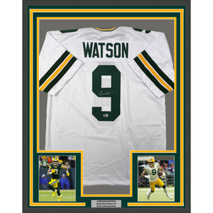 Framed Autographed/Signed Christian Watson 35x39 Green Bay White Football Jersey Beckett BAS COA