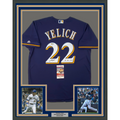 Framed Autographed/Signed Christian Yelich 35x39 18 NL MVP Milwaukee Brewers Blue Cool Base Baseball Jersey JSA COA