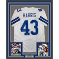 Framed Autographed/Signed Cliff Harris 35x39 Dallas White Football Jersey Beckett BAS COA