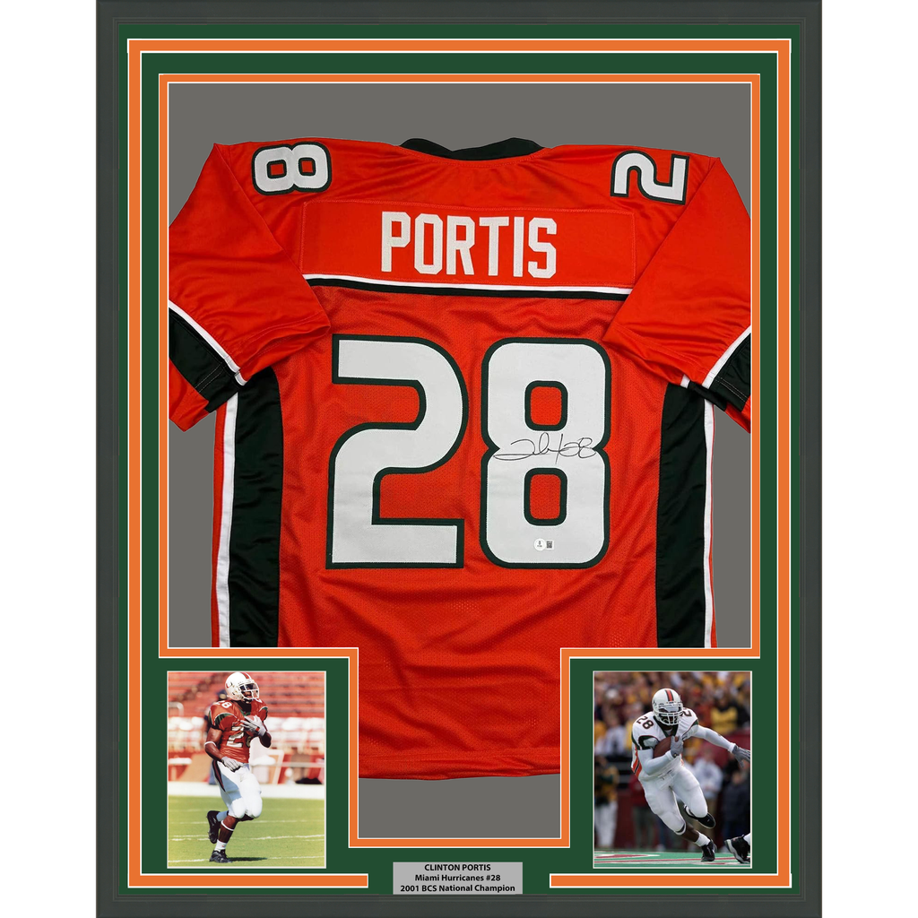 Framed Autographed/Signed Clinton Portis 35x39 Miami Orange College Football Jersey Beckett BAS COA