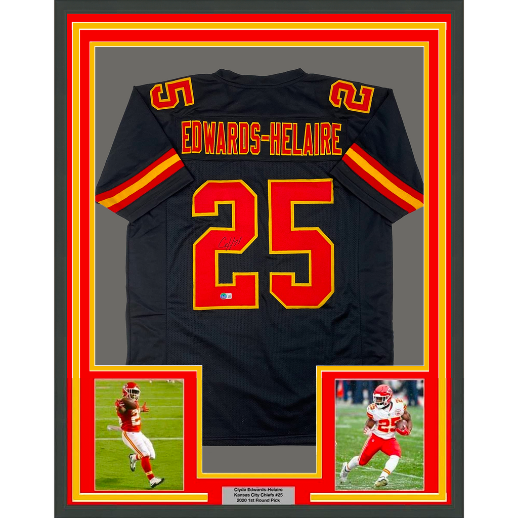 Framed Autographed/Signed Clyde Edwards-Helaire 35x39 Kansas City Black Football Jersey Beckett BAS COA