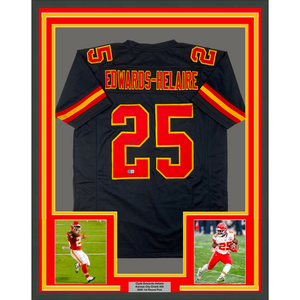 Framed Autographed/Signed Clyde Edwards-Helaire 35x39 Kansas City Black Football Jersey Beckett BAS COA