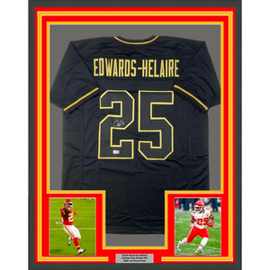 Framed Autographed/Signed Clyde Edwards-Helaire 35x39 Kansas City Blackout Football Jersey Beckett BAS COA