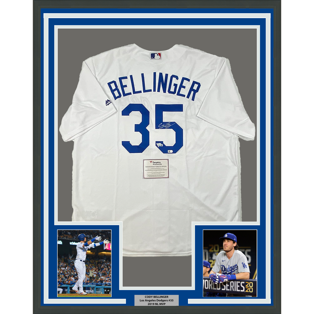 Framed Autographed/Signed Cody Bellinger 35x39 Los Angeles LA Dodgers White Authentic Baseball Jersey Fanatics COA